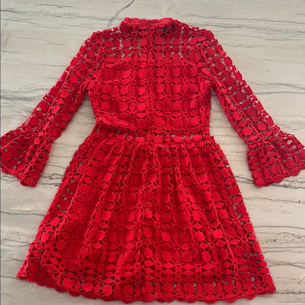 Red Lace Mock Neck Sundress - Picture 3 of 9